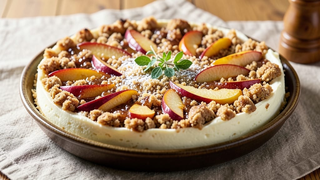 Apple Crisp Cheesecake No-Bake Recipe: Warm Apple Streusel Hugs Over Creamy Cheesecake